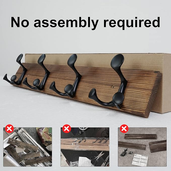 SKOLOO 24-Inch Wood Coat Rack Wall Mount with 4 Triple Hooks - Ideal for Family Entrances, Classrooms, and Pet Supplies Storage - Perfect Coat Hooks for Wall,Charred Golden Brown, Pack of 2