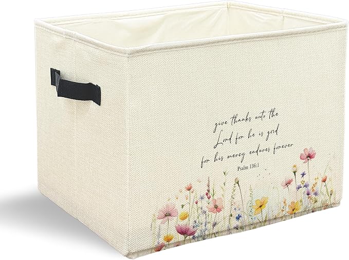 Christian Floral Storage Bins with Handles, Christian Home Decor, Give Thanks to the Lord Bible Verse Collapsible Laundry Basket Storage Box for Home Bedroom Bathroom Clothes Toys Books