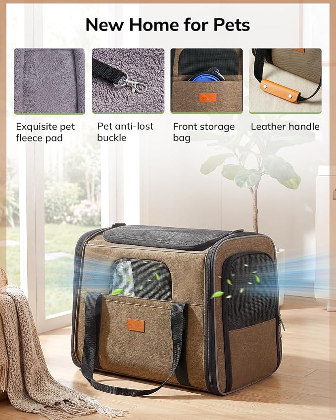 Morpilot Pet Carrier for Large Cats, Puppies & Small Dogs Up to 20lbs | Escape-Proof with Locking Zippers, Dual-Sided Cushion, Safety Buckle for Car & Vet Travel, Includes Foldable Bowl (Brown)