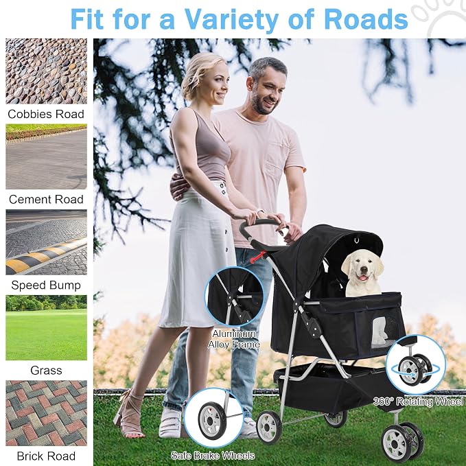 BLKMTY Folding Dog Stroller, 3 Wheels Pet Stroller, Foldable Cat Strollers Waterproof Travel Carrier Strolling Cart for Puppy Jogger with Cup Holder & Storage Basket, Black