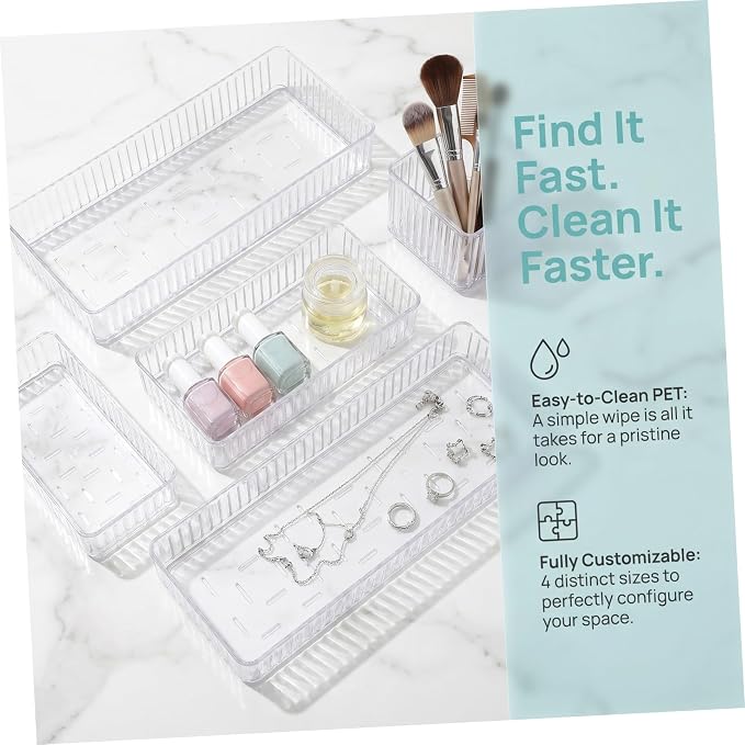 minkissy 10pcs Plastic Drawer Organizers Set with 13 Sizes, Stackable Pet Storage Boxes with Removable Dividers and Raised Edges, Easy to Clean Multi-use Vanity and Bathroom Counter