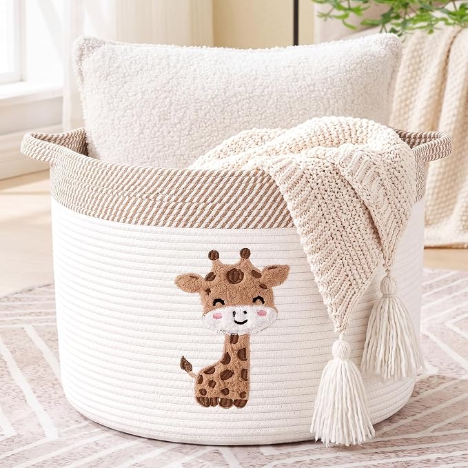 LemonRoad Extra Large Basket 20"x14", Woven Basket for Laundry Blanket Toy Box with Handle Storage, Blanket Storage for Living Room Nursery Pillows Chest(Cotton Rope,Cute Giraffe,Brown White)