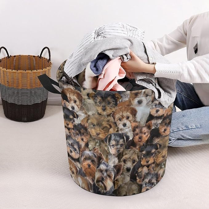Large Laundry Hamper for Yorkie Lover, Waterproof Laundry Basket with Handle, Cute Pet Yorkie Dog Print Collapsible Clothes Storage Organization for Bathroom Bedroom Laundryroom