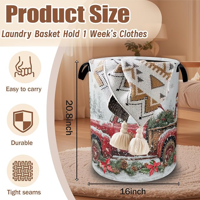 Laundry Basket Merry Christmas Collapsible Laundry Baskets Waterproof Oxford Cloth With Handles,Red Truck Laundry Hamper Clothes Storage Bucket Toy Organizer for Bathroom/Nursery/Bedroom 16" x 20.8"