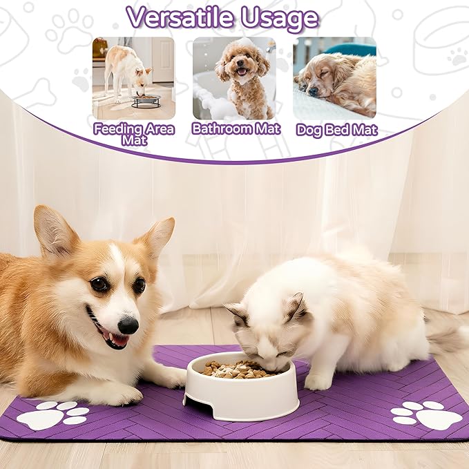 Pet Feeding Mat-Absorbent Dog Feeding Mat for Food and Water Bowl,No Stains Pet Placemat,Quick Drying Water Dispenser Mat for Dog and Cat,Easy to Clean Dog Accessories(S,Purple)