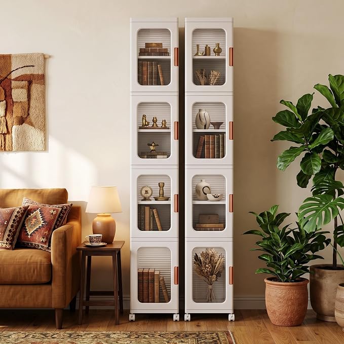 4-Tier Tall Narrow Plastic Storage Cabinet of 2, Foldable | Rolling Organizer with Lid,Doors,Stackable, Adjustable Shelves, Durable PP,Freestanding Bathroom Cabinet for Small Slim Space