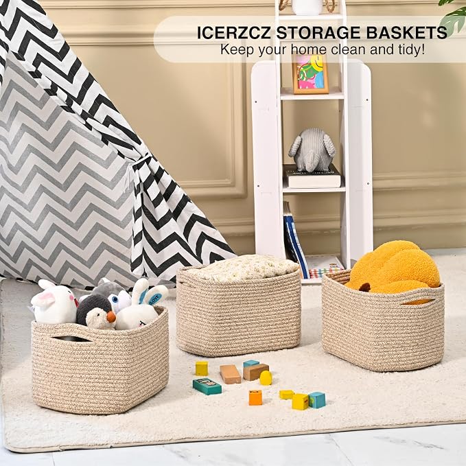 ICERZCZ Small Storage Baskets for Shelves Organizing, Woven Cotton Rope Baskets for Storage, Book Basket, Decorative Shelf Basket, 12.5"Lx9.1''Wx7.9''H (4 Packs) Mixed Brown