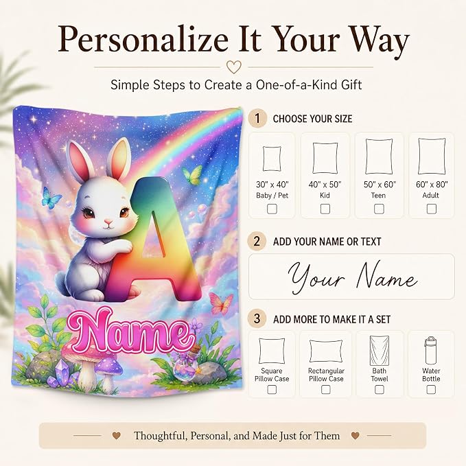 Personalized Blanket for Girls Bunny Throw, Custom Initial Name Kid Blanket | Kids Gift for Daughter, Cute Rabbit Blanket, Soft Touch, Living Room Throw