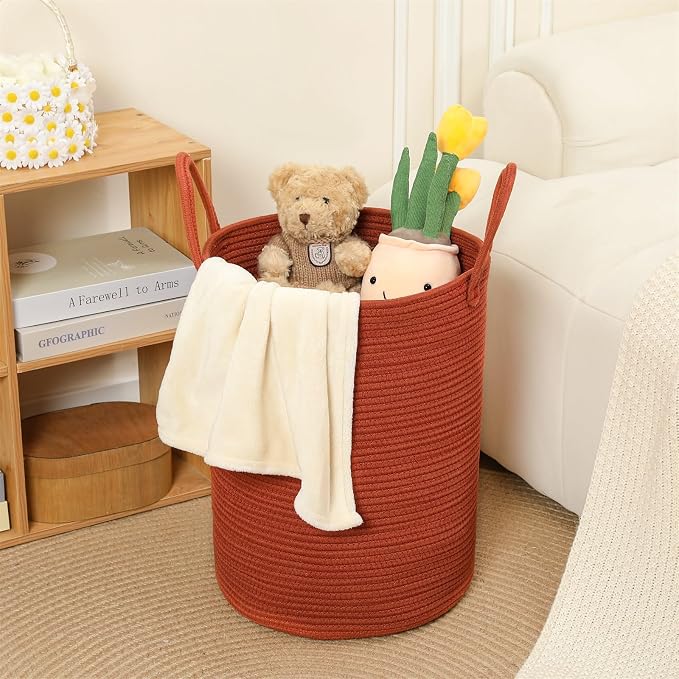 80L Large Woven Laundry Basket Hamper, 100% Natural Cotton Rope, Handwoven & Durable, Storage for Blankets, Toys, Clothes, Decorative Nursery Hamper for Living Room, Baby Room, Bedroom (Terracotta)