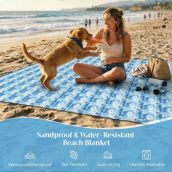OIGAE Beach Blanket Waterproof Sandproof Oversized Beach Mat | Picnic Mat with Stakes, Storage Bag - Essentials for Outdoor Beach, Picnic,Quick-Dry Lightweight,Windproof Pockets