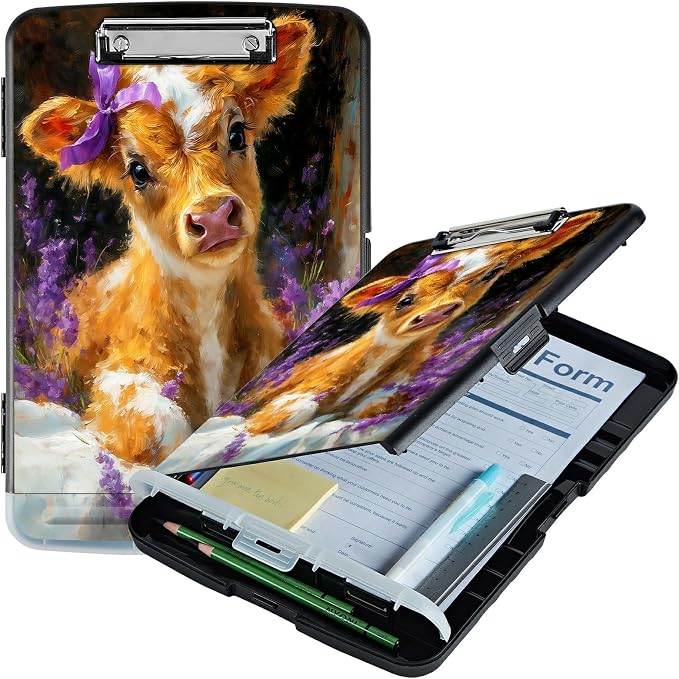 A4 Clipboard with Storage Pen Holder, Clipboards Organizer Nursing Clipboard Foldable File Folder Plastic Clipboard Folio Clip Board for Office Work Classroom Doctor, Lavender Cow