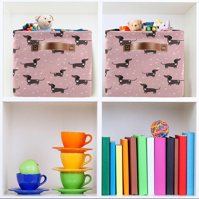 Pink Love Dachshund Dog Storage Basket Fabric Kitchen Baskets Cute Puppy Open Home Storage Bins Boxes Foldable Organizer Bag for Baby Cloth Pet Toy Book Shelf Closet Baskets 16×12×8 Inches 2 Pack