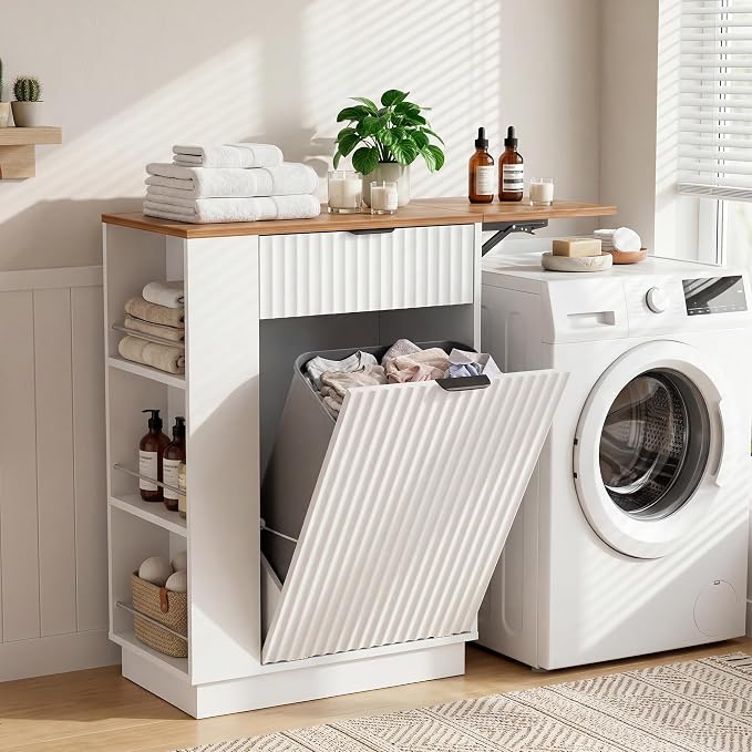 10 Gallon Tilt-Out Trash Can Cabinet with Drop Leaf, Drawer & Side Shelves.