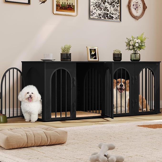Hzuaneri 63" Double Dog Crate Furniture, Dog Kennel Indoor with Cushion | Heavy Duty Dog Crate Furniture for 2 Dogs,Dog Cage End Table TV Stand with Divider for Med-Large Dogs,Black DFC80904B