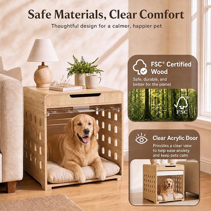 Modern Dog Crate Furniture Wooden Kennel Charging Station End Table Oak | Nightstand, Dog Cage Indoor, up to 110 lb, Flip-Up Acrylic Door, Storage Drawer, for Large Medium Dogs, Living Room Bedroom