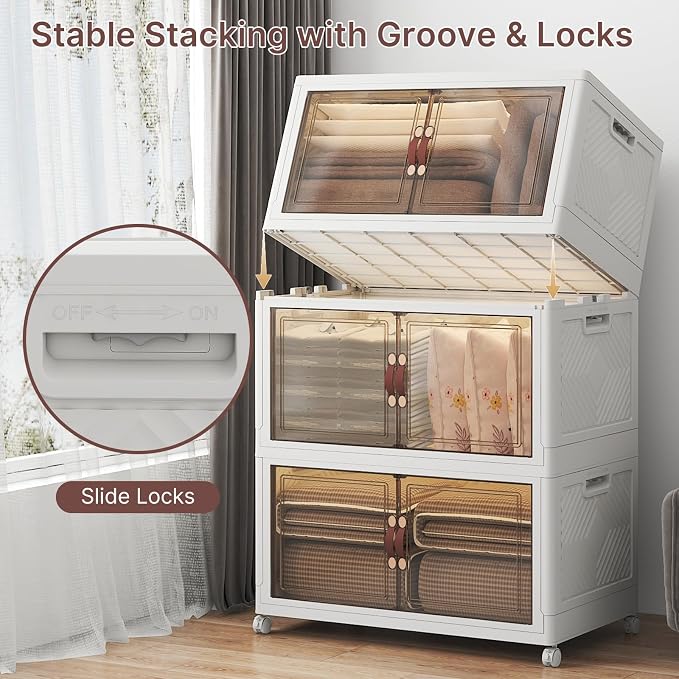 Stackable Storage Bins with Lids, 1080QT Lockable Storage Cabinet | Folding Storage Box with Doors and Wheels, Collapsible Plastic Drawers for Home, Garage, Office