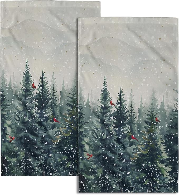 Giwawa Winter Trees Hand Towel Set of 2, Christmas Birch Pine Tree Red Birds Towel, Rustic Watercolor Misty Forest Face Towel Quick Dry Dish Wash Cloth for Hotel Bathroom Gym Home Spa Decor