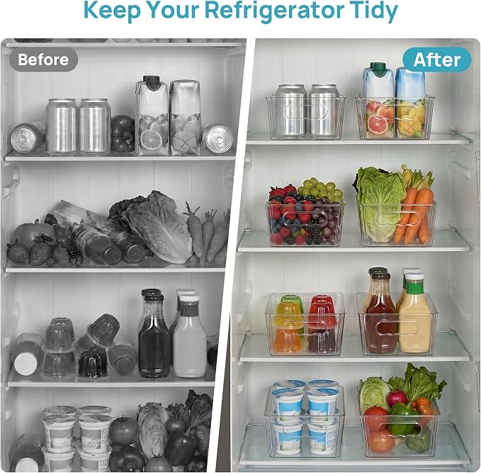 Vtopmart 8pcs Clear Storage Bins with Handles | BPA-free Plastic Storage Containers, Easy to Move, For Fridge Freezer, Pantry Cabinet Kitchen Organization, Built to Last