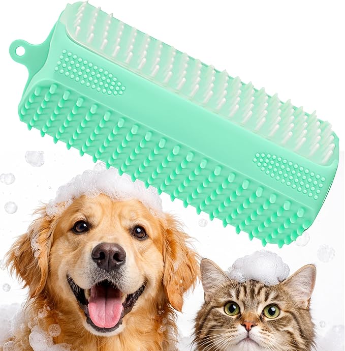 3-in-1 Triangular Dog Bath Brush for Dogs & Cats, Silicone Pet Grooming Brush with Deshedding Bristles, Massage Cones & Deep Cleaning Nubs, Green