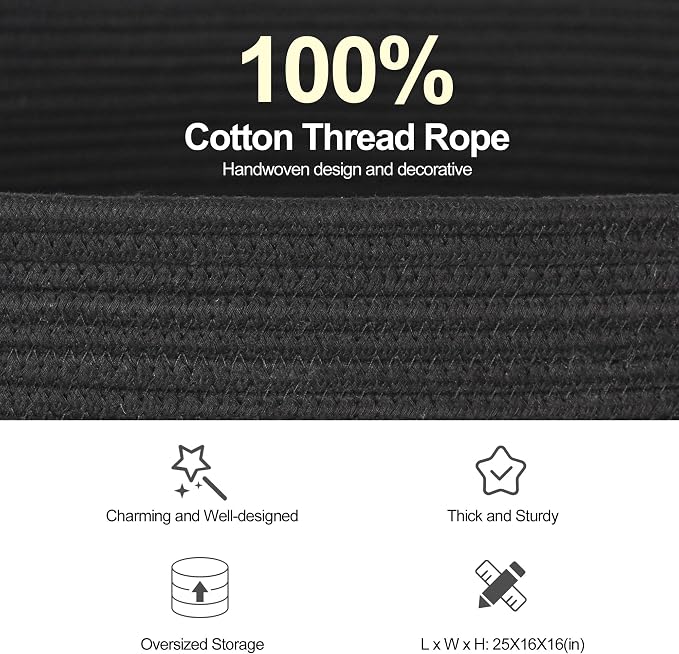 Large Black Basket for Blankets, 108L Rectangle Blanket Storage for Living Room, Jumbo Woven Rope Storage Basket, Oversized Kids Dog Toy Bin Box, Throw Pillow Holder Organizer, 25"x16"x16"