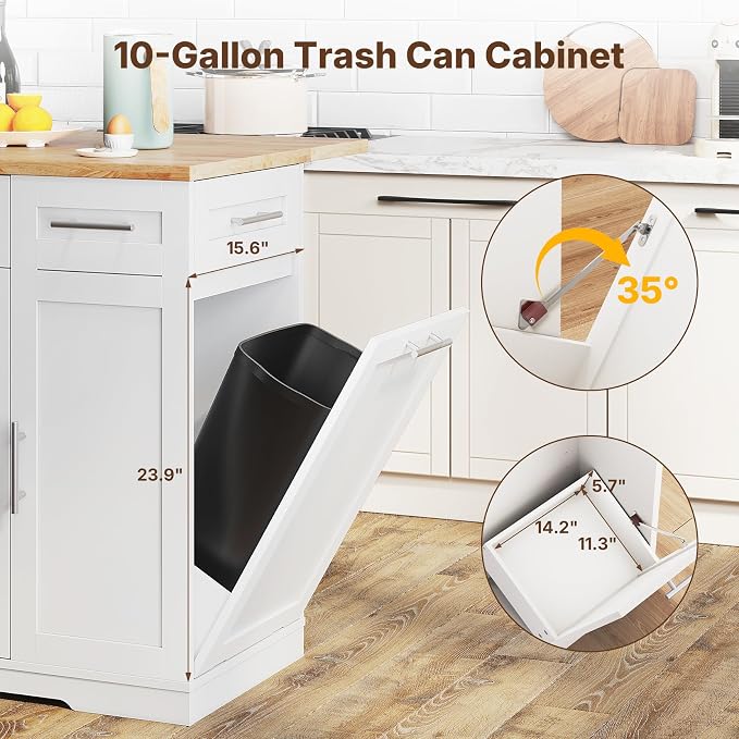 Dripex 41.5'' Kitchen Island with Power Outlet, Trash Cabinet & Storage | Rolling Kitchen Cart with Drop Leaf, Rubberwood Top, 3 Drawers, Mobile Kitchen Island on Wheels for Dining Room, White