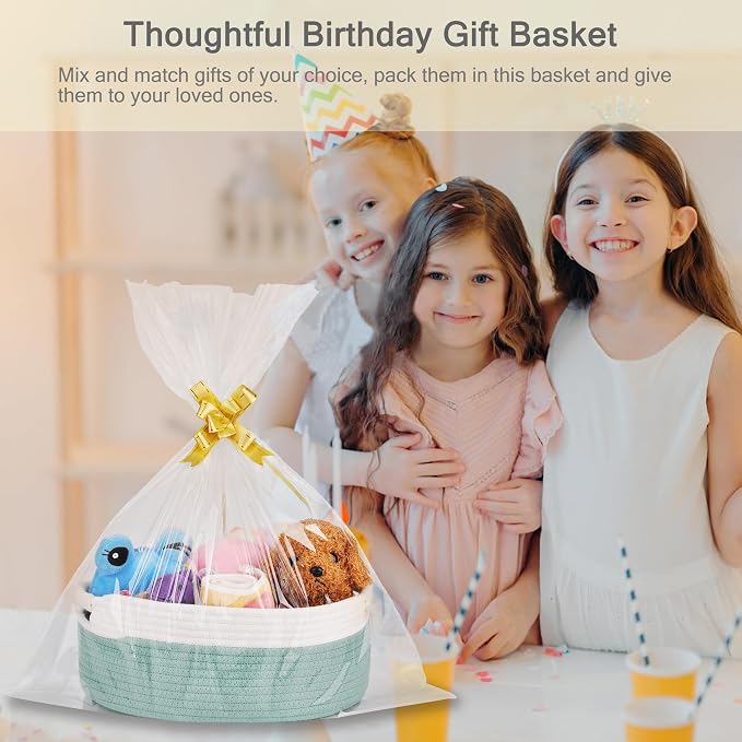 Small Woven Gift Basket with Bag & Ribbons, Light Green | Cotton Rope, 13”x 9”x 5.5”, Fits for Kids, Women & Men, Bedroom, Living Room, Nursery & Bathroom Storage, Cat & Dog Toy Boxes
