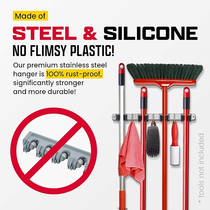 Wall Mount Hanger for Brooms & Mops - Adhesive Stainless Steel Mops & Broom Holder, 4 Clamps, 3 Hooks, & 5 Towel Hanger Clips Including Mounting Hardware for Utility Room Organization