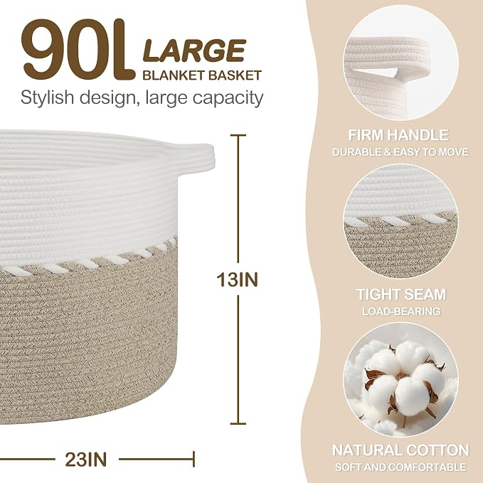 OIAHOMY 90L Extra Large Blanket Basket - Decorative Cotton Rope Storage Basket for Bedroom, Living Room & Nursery - Woven Laundry Hamper for Organizing Blankets, Clothes & Toys - Light Brown & White