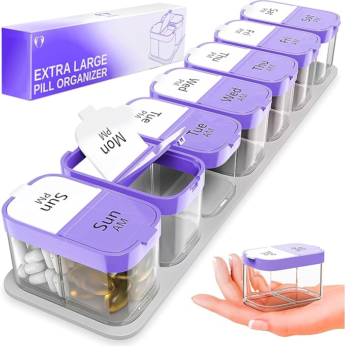 Extra Large Pill Organizer – Weekly Pill Box 7 Day AM PM for Big Vitamins & Supplements, Large Capacity Medication Dispenser with 7 Detachable Compartments, XL Pill Organizer 2 Times a Day