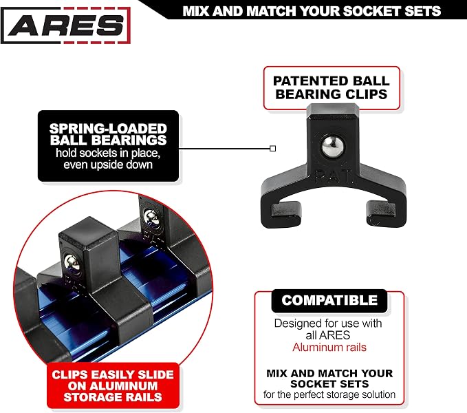 ARES 70085 3/8-In Socket Rail | Part No. 70085; Store up to 16 Sockets and Keep Your Tool Box Organized