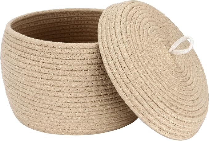 Sea Team Round Woven Cotton Rope Storage Basket with Lid, Khaki | Lidded Knitted Decorative Storage Bin, Pot, Caddy, Organizer, Container for Snacks, Towels, Plants, 10 x 7.5 Inches