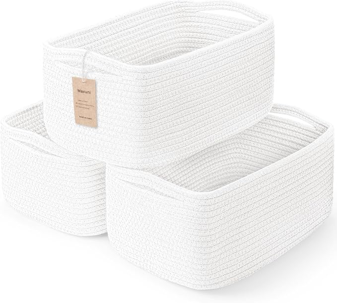 3 Pack Storage Baskets for Organizing, 13.7×9.5×6.3", White | Woven Baskets for Shelves, Cotton Rope Basket for Gifts Empty, Closet Organizer Bins with Handles, Cube Decorative Box