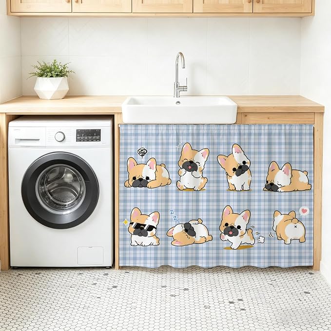 Cute Puppy Oven Skirt Curtain for Kitchen Decor 28"x35", Blue Purple Plaid Modern Funny Dogs Pet Self Adhesive Stove Curtains Skirt Cabinet Curtains for Bathroom Laundry Room