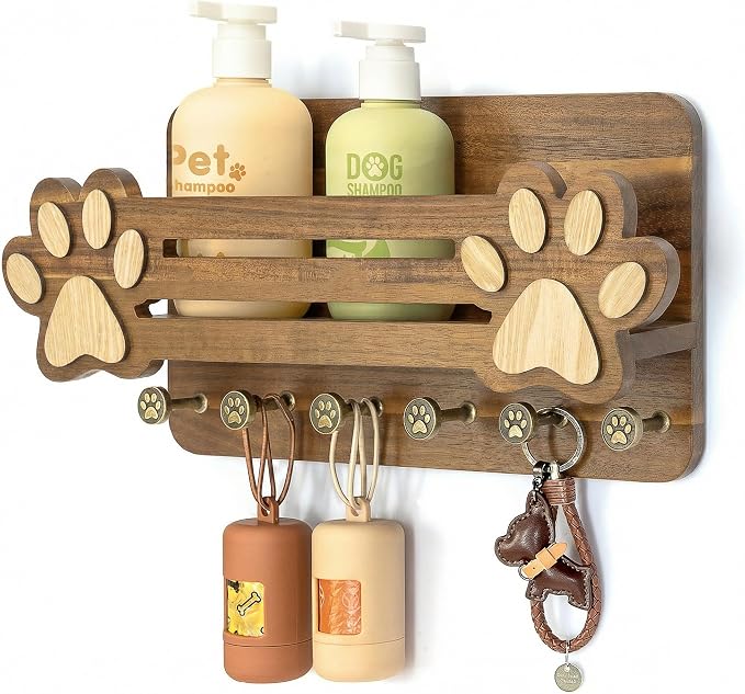 MTERSN Acacia Wood Dog Leash Holder for Wall for Dog Dad Gift, Brown