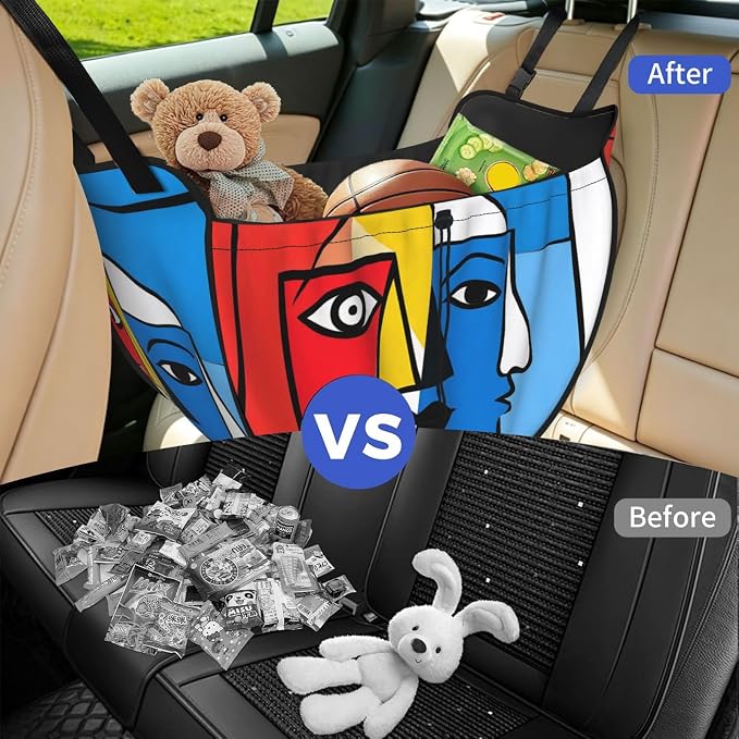 Cubist Face Car Seat Organizer-Backseat Storage Bag for Travel | Waterproof Durable. Holds Snacks Gear Essentials. Fits Most Cars.