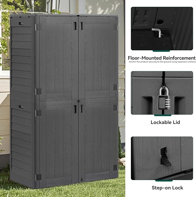 YITAHOME 60 cuft Vertical Outdoor Storage Shed w/o Shelf, Large Waterproof Storage Cabinet for Garden Shed, Tall Outdoor Storage Shed for Garage, Pool Storage, Resin, Lockable, Dark Gray