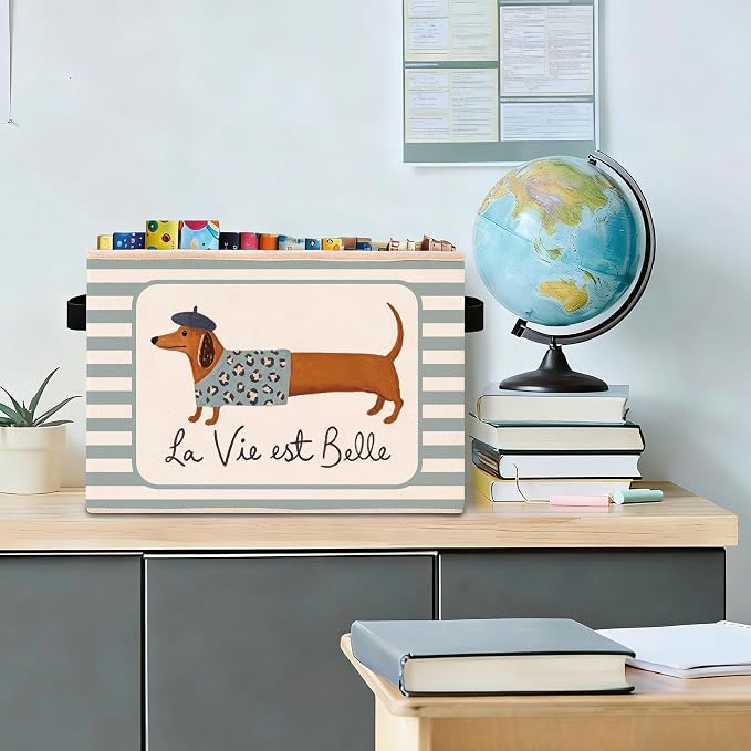 La Vie Est Belle Dachshund Blue Stripe Foldable Fabric Storage Bin | French dachshund and blue stripe design; foldable bin for toys, books, clothes in kids room, nursery, bedroom or playroom.