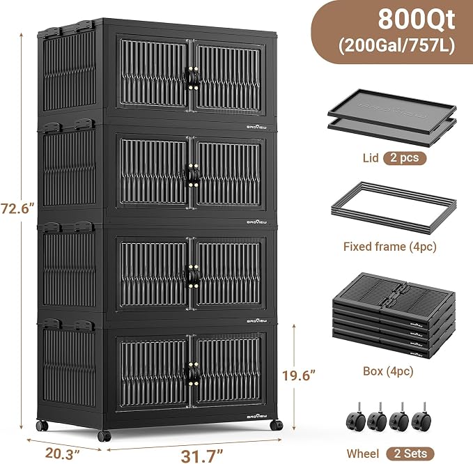 BROVIEW 800QT Extra Large Stackable Storage Bins with Lids, 4Pack Black | 200Gal Plastic Collapsible Cabinets Containers, Wheels & PET Doors, Foldable Closet Organizers Drawers for Office, Dorm