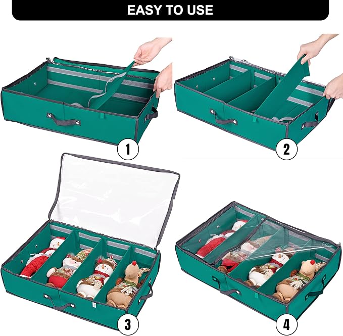 2 Pack Christmas Figures Storage Box | Each Holds 4 Holiday Figurines up to 16” | Adjustable Nutcracker Decor Ornament Storage Container | Xmas Decorations Accessories Boxes (Green)