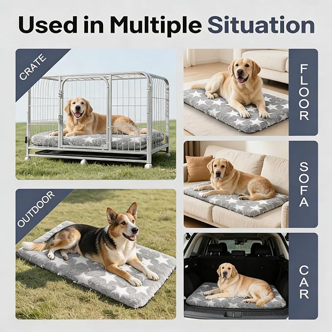 Dog Bed Mat, Reversible Dog Crate Pad with Washable Kennel Mat and Soft Foam, Pet Bed for Dogs & Cats, for Crates Carriers & Travel(Big&Small Stars Grey, 35" L*23" W*1.5" Th)
