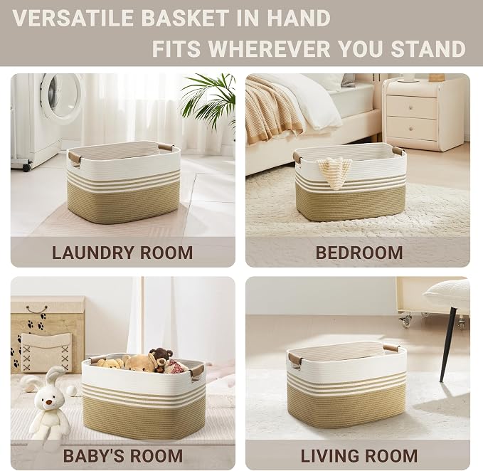 45L Small Woven Laundry Basket Hamper with Leather Handles,Khaki | collapsible wicker hamper, storage for dirty clothes, toys, blankets, gifts, living room, bedroom, bathroom, 18"x14"x11"