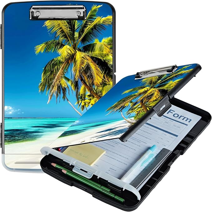 Blue Beach Palm Tree A4 Clipboard with Storage Pen Holder, Clipboards Organizer Nursing Clipboard Foldable File Folder Plastic Clipboard Folio Clip Board for Office Students Classroom