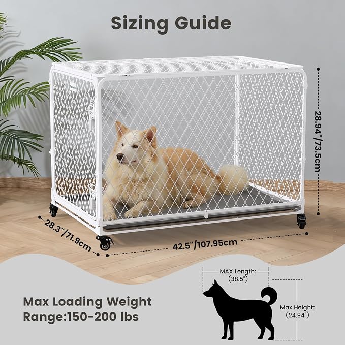 42 Inch Collapsible Dog Crate with Diamond Mesh, No-Tool Assembly Foldable Dog Kennel with 4 Lockable Wheels,Removable Tray,Portable Dog Cage for Medium/Large Dogs, Space-Saving, Indoor Outdoor Use