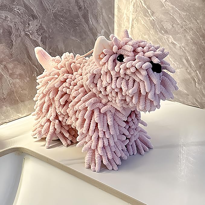 Cute Puppy Chenille Hand Towel for Bathroom Kitchen 10.2x5.1 Inch Fluffy Soft Absorbent Chenille Towel Funny Hand Towels Gift for Women Dog Lovers (Pink)
