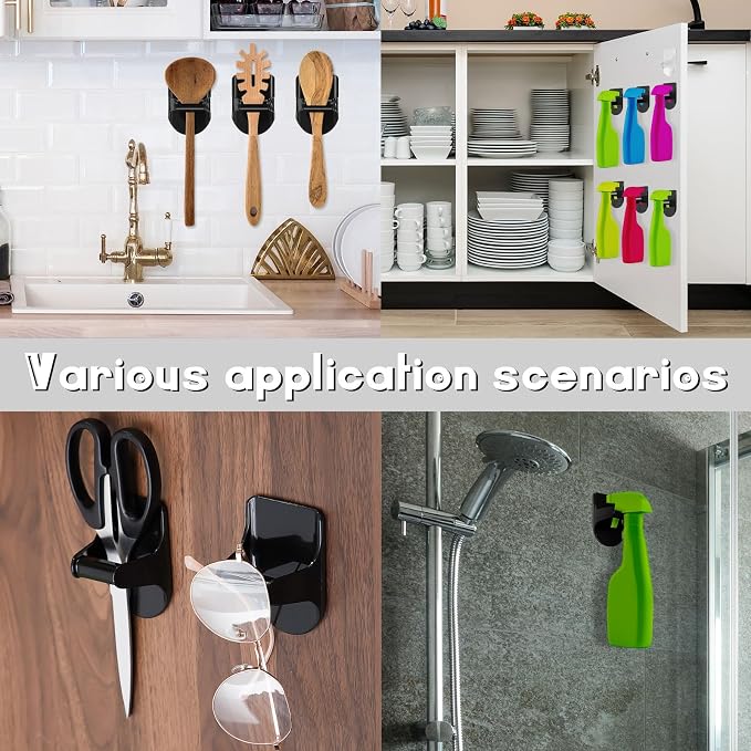 8 Pcs Wall Mount Spray Bottle Hooks Holder Spray Bottle Hanger Adhesive Hook to Create Storage Space Rack Organizer Hanger for Cabinet Kitchen Variety Surfaces (Black)