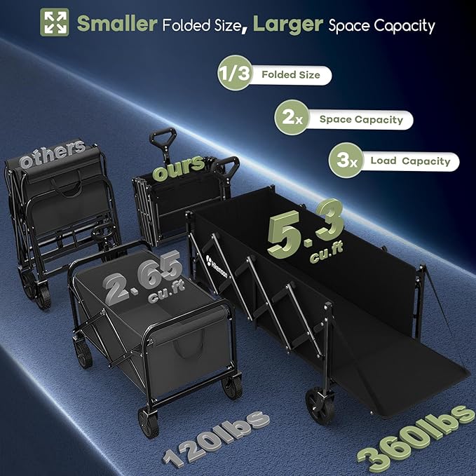 43'' Extra Long Folding Wagon with Extended Tailgate, Black | Wagons Carts Foldable, 360LBS Heavy Duty, Compact Portable, Utility Collapsible for Shopping/Beach/Garden/Camping/Sports