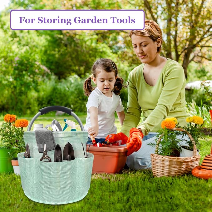 17L Cleaning Caddy for Cleaning Supplies, Foldable Tool Bucket Organizer with 6 Side Pockets, Portable Garden Tool Bag in PVC Resin, Folding Storage Basket for Camping, Gardening, Green