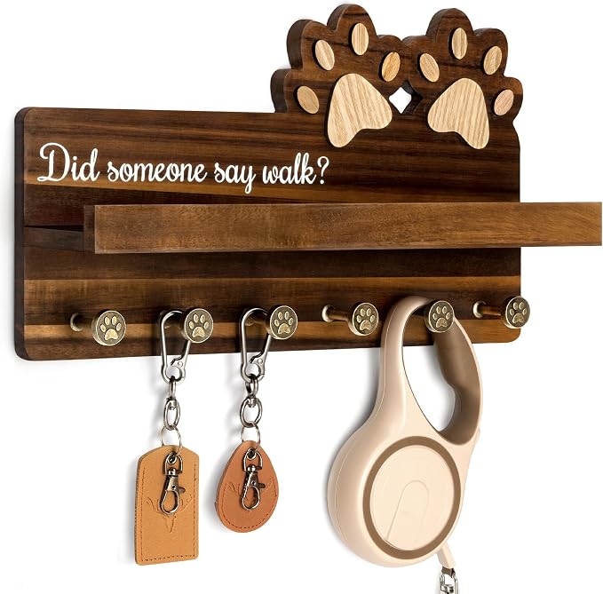 MTERSN Acacia Wood Dog Leash Holder for Wall with Wall Shelf, Dark Brown | 3D Dog Paw Key Holder, Wooden Wall Rack with 6 Key Hooks, Dog Leash Organizer, Rustic Entryway Decor, Perfect Dog Lovers Gift