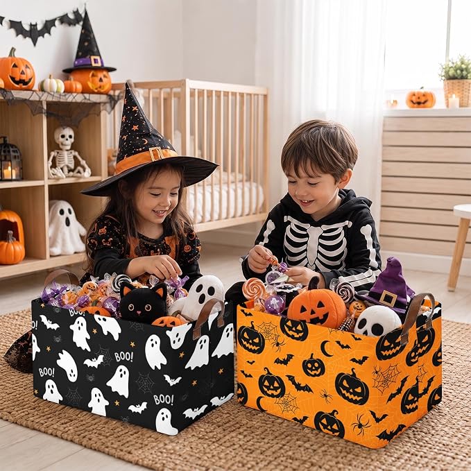 Britimes Halloween Storage Baskets for Gifts, Toy Storage Bins Boxes, 3Pcs | Halloween Ghost Boo Canvas Collapsible Baskets Organizer with Handles Nursery Decor Laundry Basket for Shelves Closet