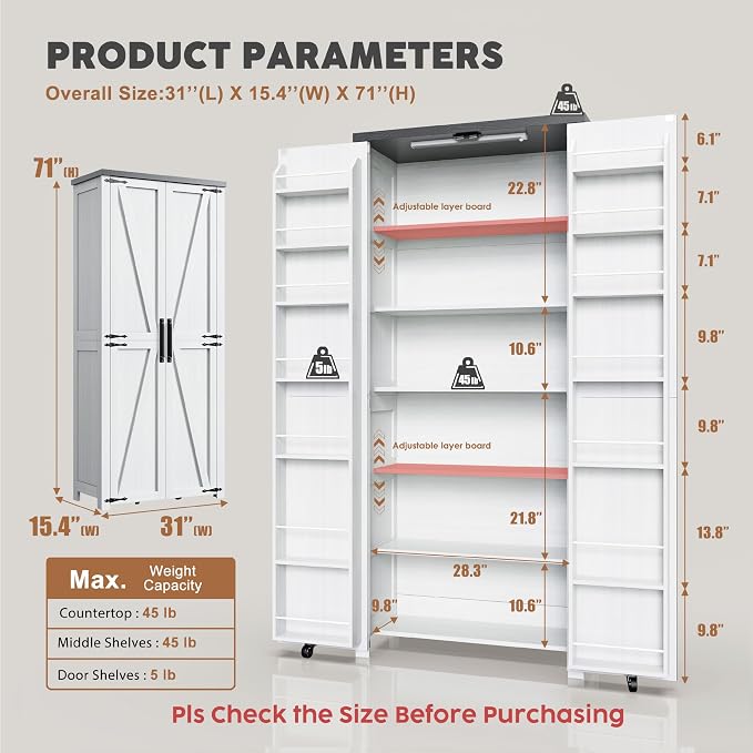 Furnaza Farmhouse 72" H Kitchen Pantry Cabinet with Adjustable Shelves | LED Craft Storage Cabinet Cabinet with 2 Barn Doors for Craft Room,Dining Room,Living Room,Home Office,16"D x 30"W